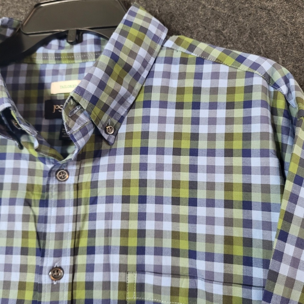 Jos. A. Bank Mens Tailored Fit Plaid Button Down Shirt Green Blue Large Stretch